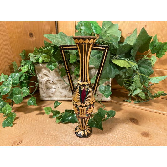 Vintage Painted Greek Amphora Vase | Small Wooden Vase with Two Handles | Academia Table Decor | Miniature Wood Vase | Greece Souvenir