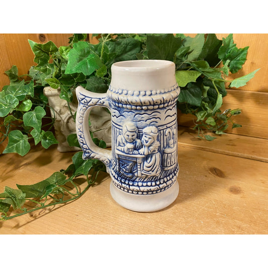 Vintage Ceramic Beer Stein with Raised Images | Blue + White | Decorative Stein with Tavern Scene | 1366 | Made In Brazil | Academia Barware