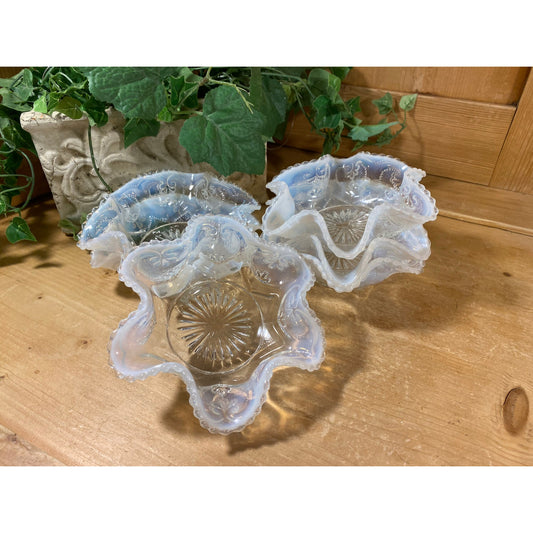 Vintage Opalescent Glass Berry Bowls with Ruffled Edge - Set of 6 | Northwood & Dugan | Cashew Pattern | Cottagecore | Scalloped Glass Bowls