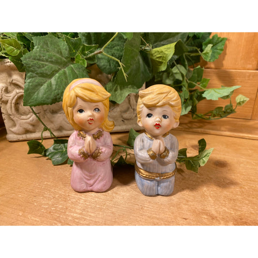 Vintage Ceramic Praying Girl and Boy Figurines - Set of 2 | Homco | Made In Japan | Pink 5211 | Blue 5244 | Midcentury Modern Nursery Decor