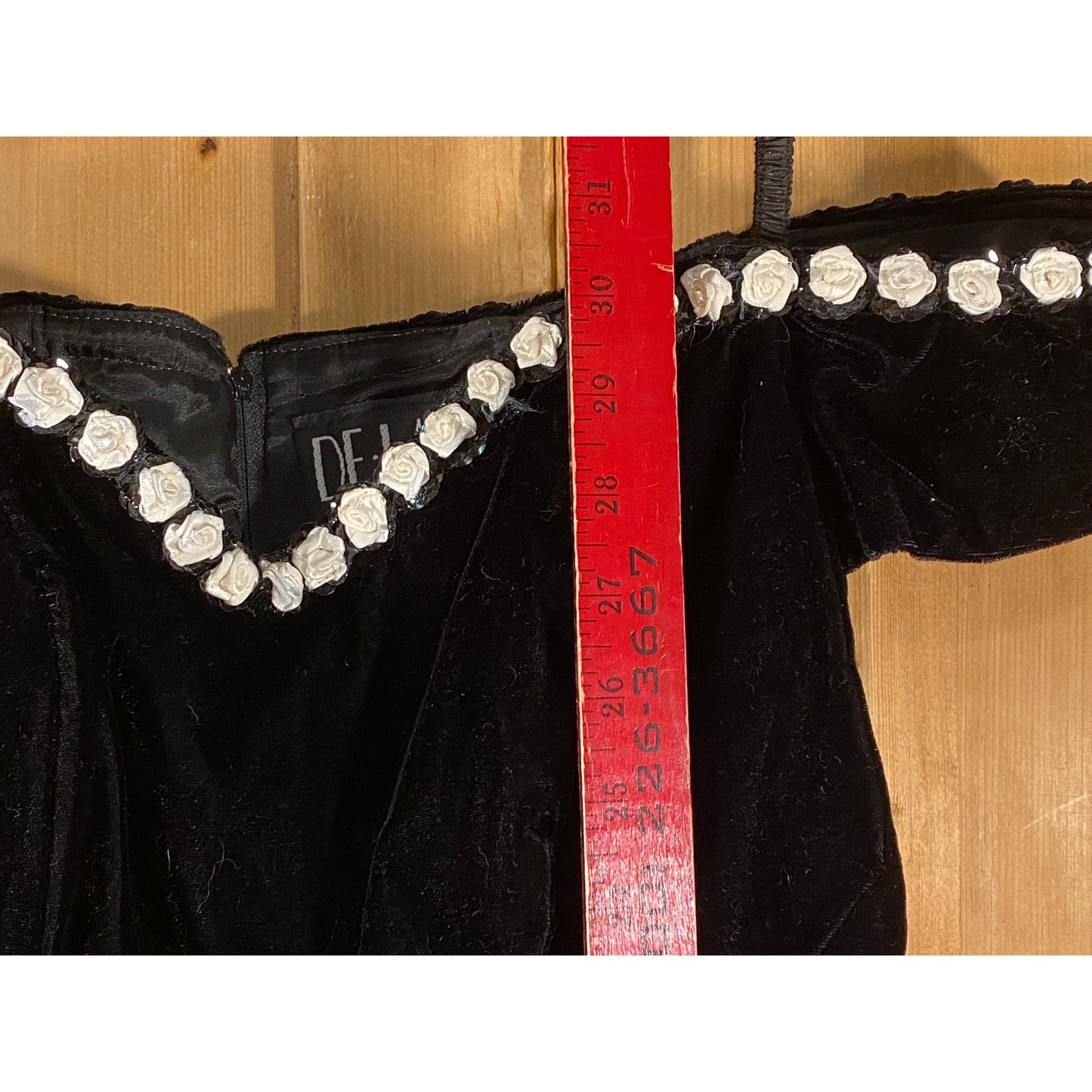 Vintage Black Velvet Dress with White Silk Rosettes On Neckline | De Laru | Women's 6/8 | Retro 1990s Black Off-the-Shoulder Cocktail Dress