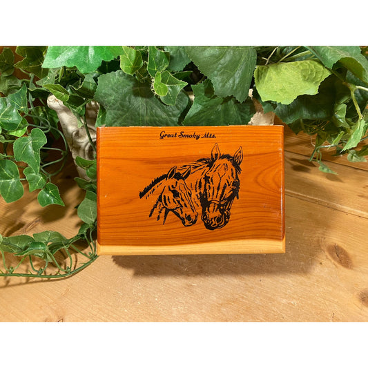 Vintage Cedar Wood Dresser Box with Horses | Great Smoky Mountains Souvenir | Wooden Dresser Tinket Box | Farmhouse Bedroom Dresser Decor