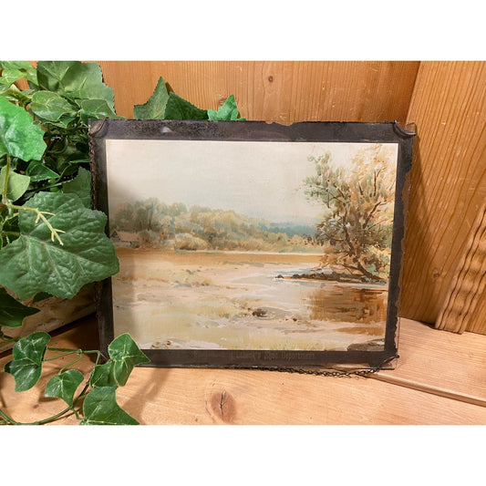 Vintage Framed Glass Pane Landscape Painting with Chain Hanger | Compliments of Lebeck's Shoe Dept. | Cottagecore Wall Decor | Farmhouse