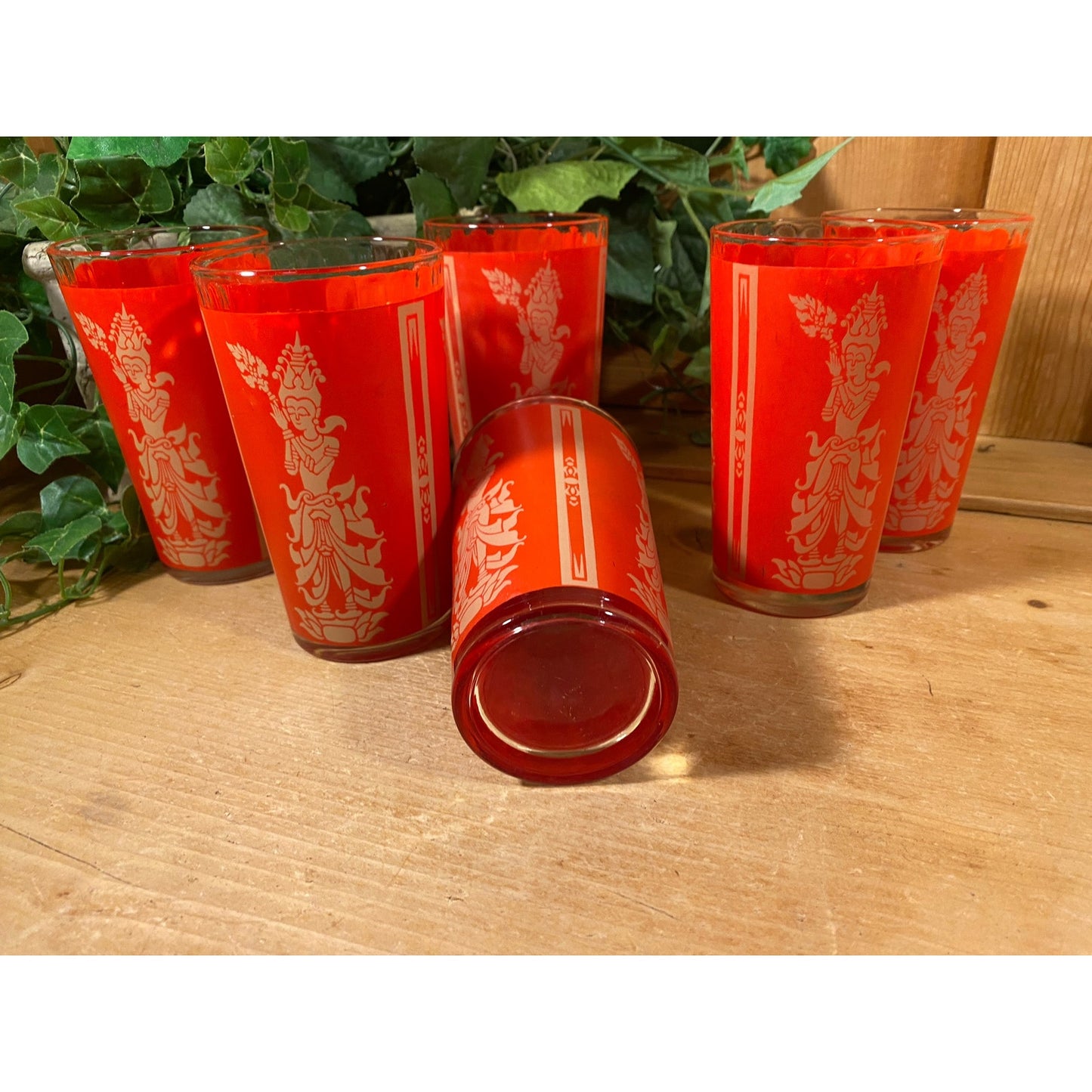 Vintage Red Thai Princess Glasses - Set of 6 | Culver | Midcentury Modern Drinking Glasses (C) | Thai Goddess | Academia | Goddess Glasses