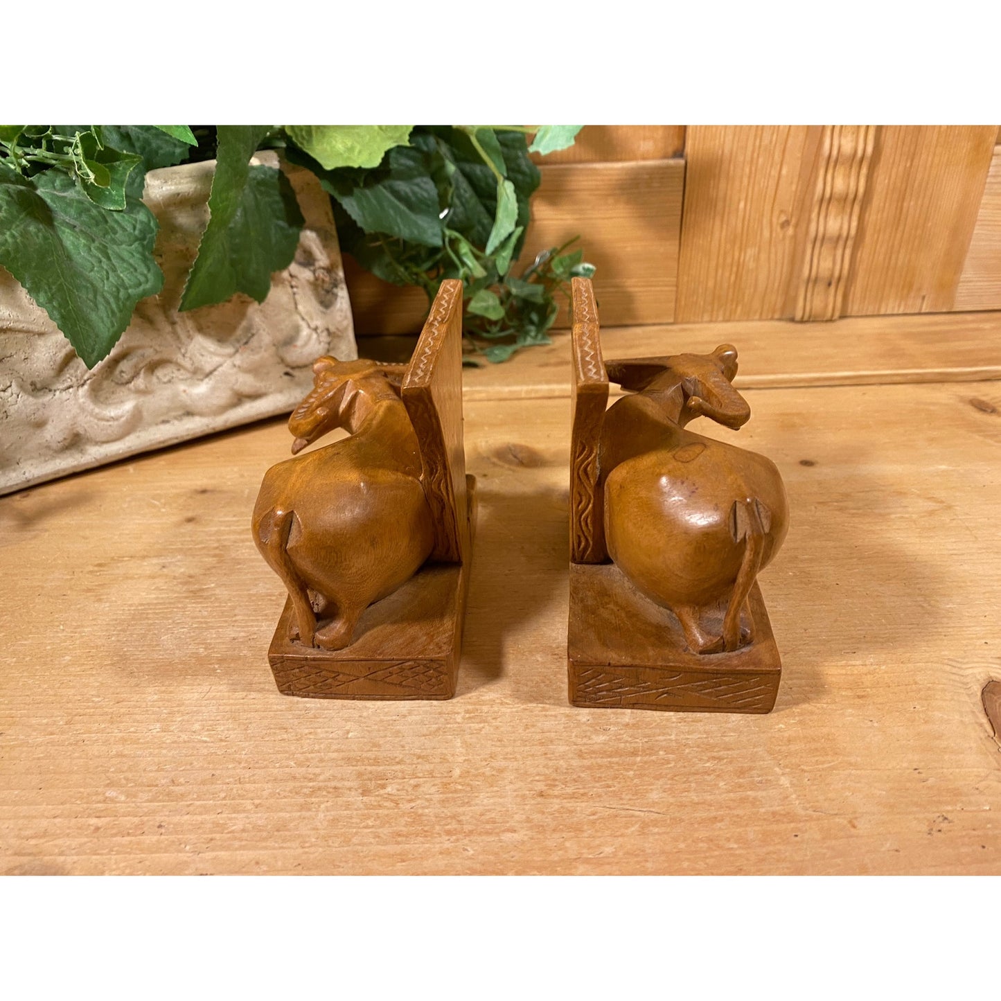 Vintage Carved Wooden Water Buffalo Bookends | Carved Wood Cow Bookends | Bohemian Bookshelf Decor |  Boho Shelf Decor | Cattle Bookends