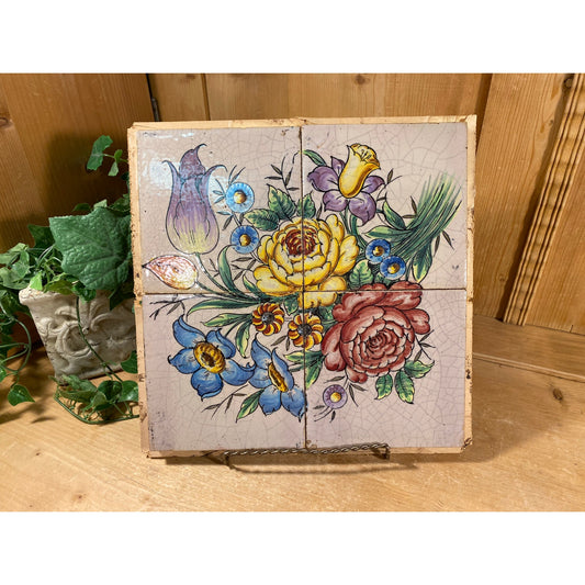 Vintage Floral Ceramic Tile | Made In Spain | Kitchen Trivet with Multi-Colored Flowers | 1970s Kitchen Decor | Pot Rest | Wall Hanging