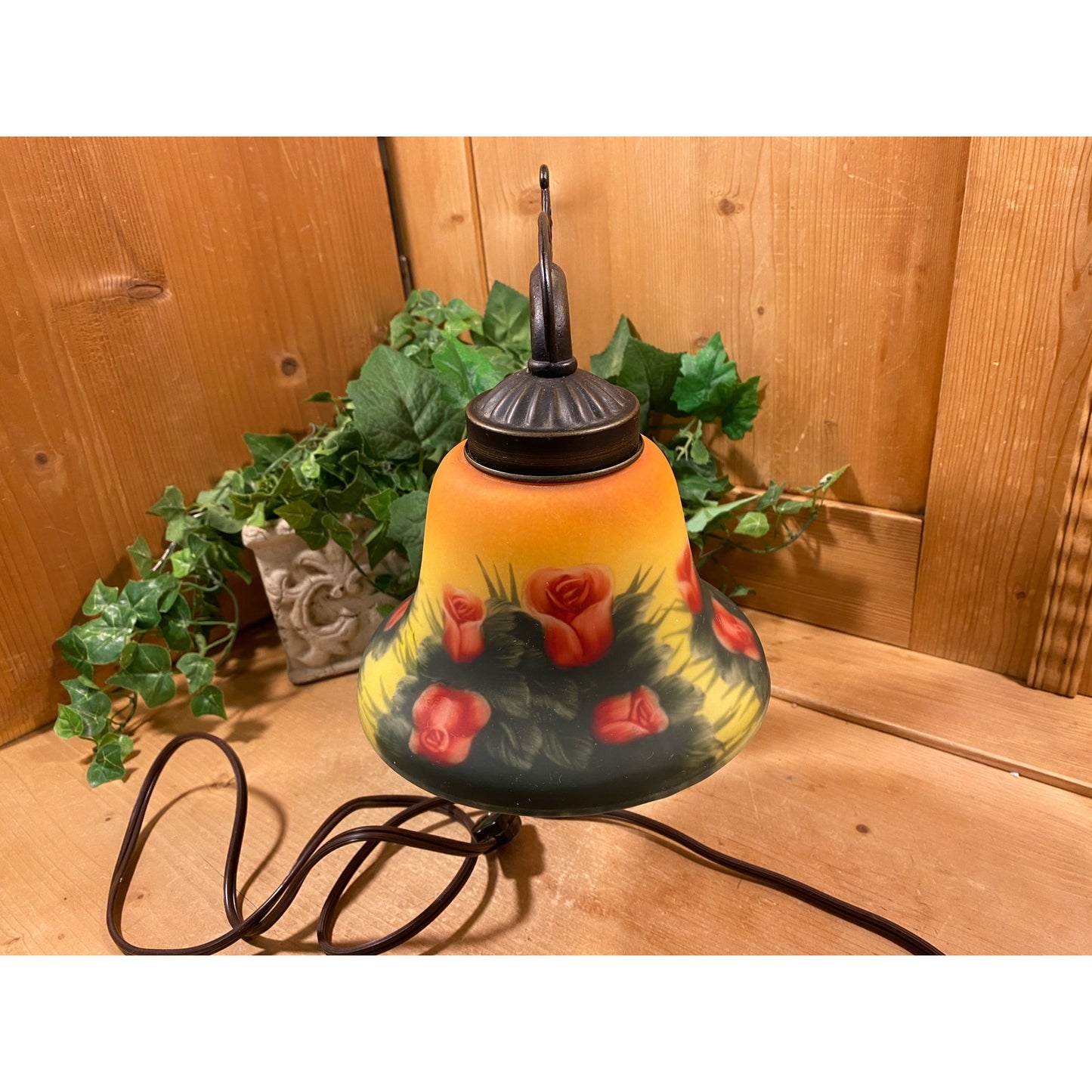 Vintage Handpainted Art Glass Table Lamp | Bridge Arm Victorian Accent Lamp | Art Glass Shade with Painted Roses | Ornate Metal Base