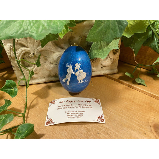 Vintage Handpainted Real Eggshell Ornament | Victorian Ice Skaters | Eggsquisite Egg | Blue Christmas Egg | Painted Egg Signed by Artist