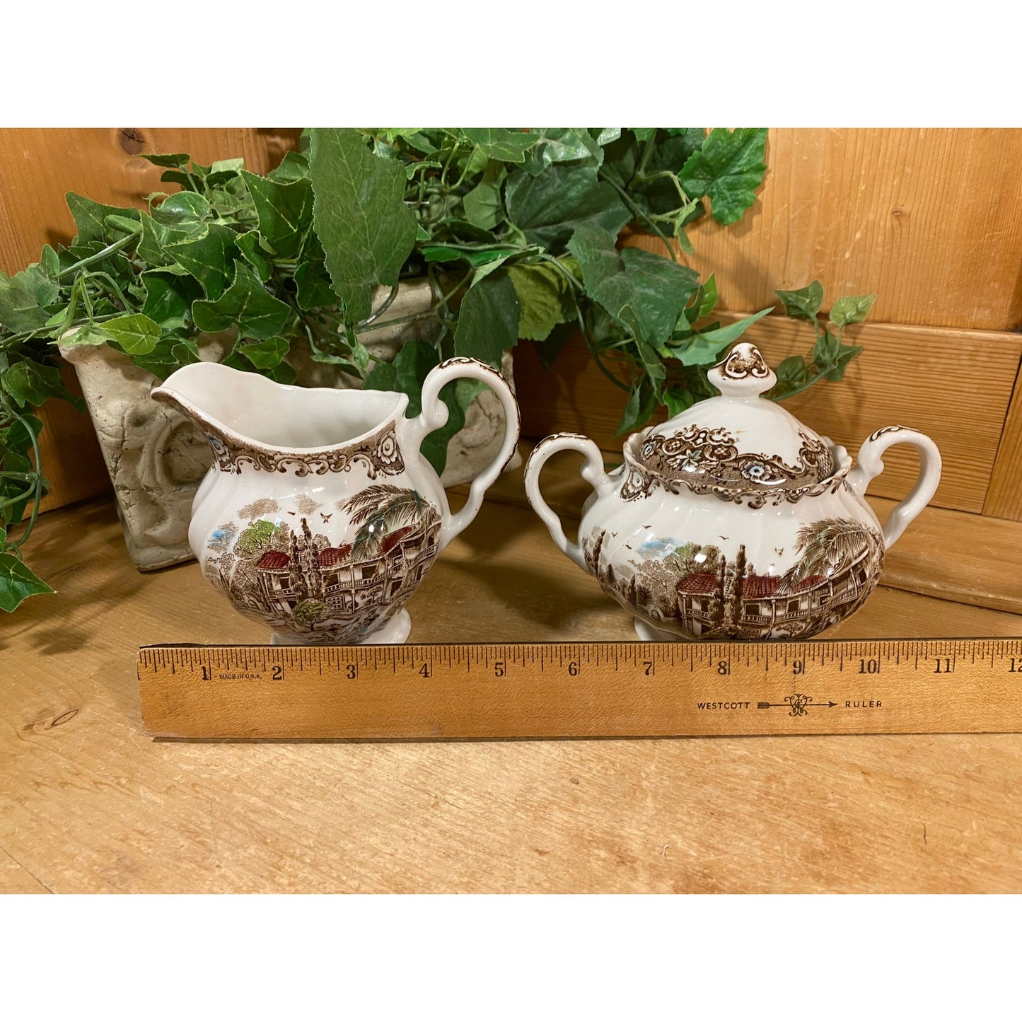 Vintage Brown Transferware Cream and Sugar Set  | Johnson Brothers | Heritage Hall | Made In England | Farmhouse | Cream Pitcher, Sugar Bowl