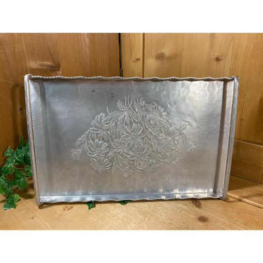 Vintage Hand Forged Floral Aluminum Serving Tray | Everlast Metal | Hammered Aluminum Tray with Handles | Midcentury Modern Decor | Daisies