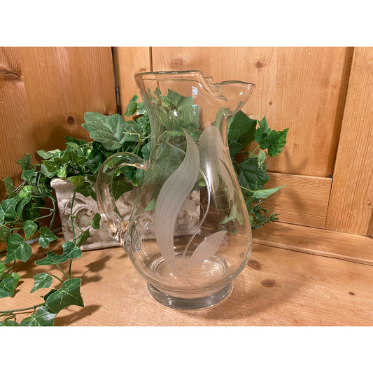 Vintage Etched Leaves Clear Glass Pitcher | Midcentury Modern Kitchen Decor | Clear Glass Pitcher | MCM Table Decor | Glass Water Pitcher