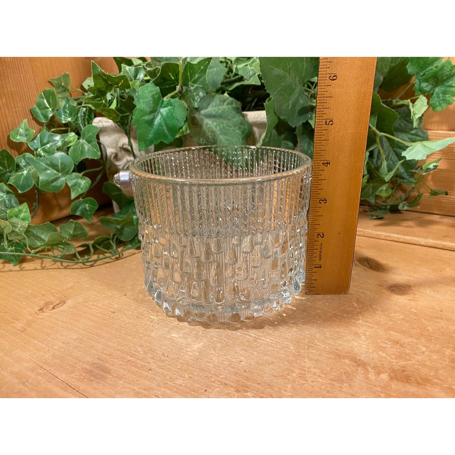 Vintage Round Clear Glass Ice Bucket with Metal Handle | Teleflora | Wine Chiller | MCM | Champagne Bucket | Ice Pail | Midcentury Modern