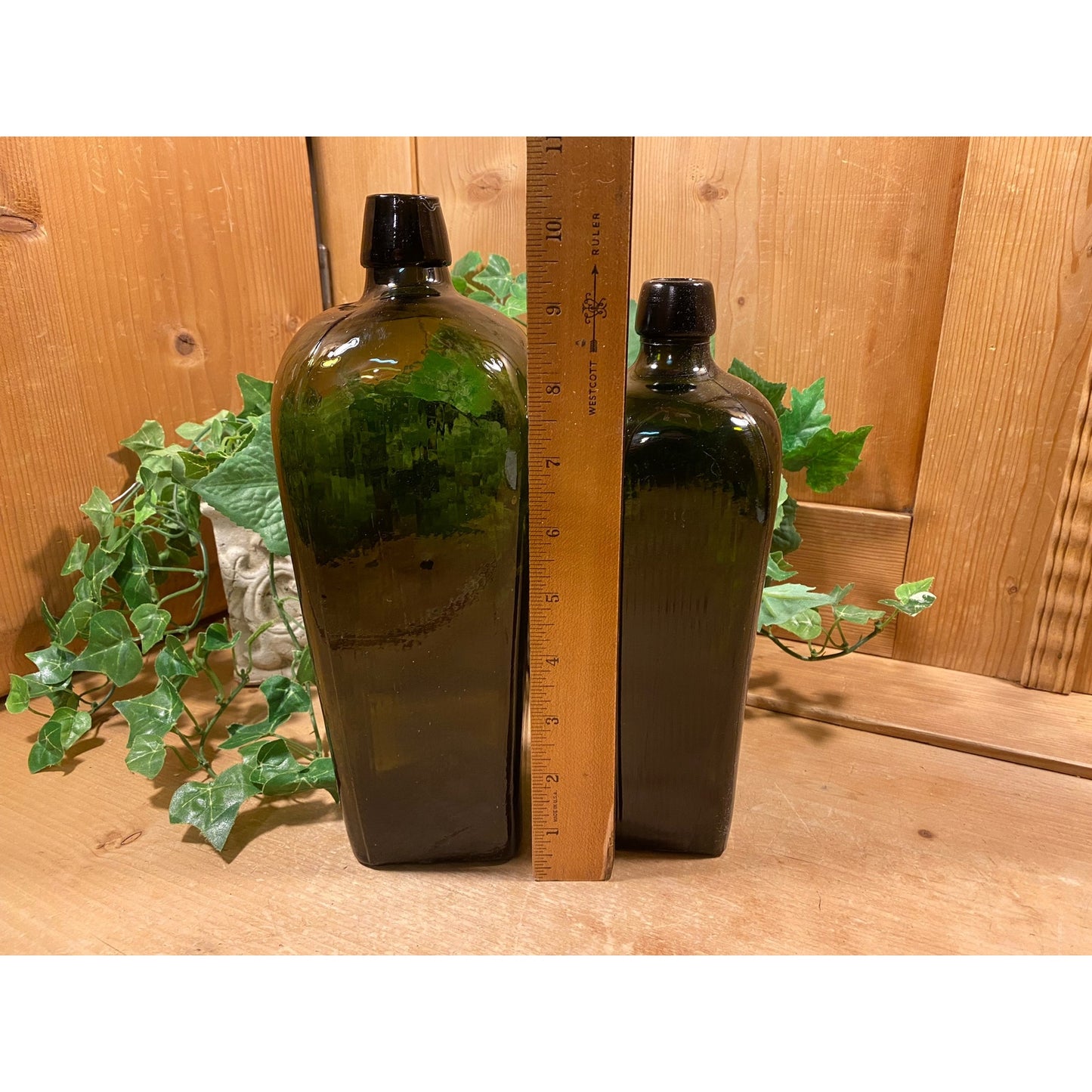 Antique Green Glass Bottles - Set of 2 | Olive Green Liquor Bottles | Primitive Shelf Decor | Rustic Farmhouse Kitchen | Vintage Bottles