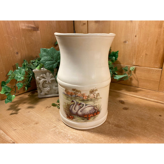 Vintage Ceramic Pitcher with Scene of Swans On A Lake | Cottagecore Table Decor | Stoneware Flower Vase with Pastoral Scene | Swans