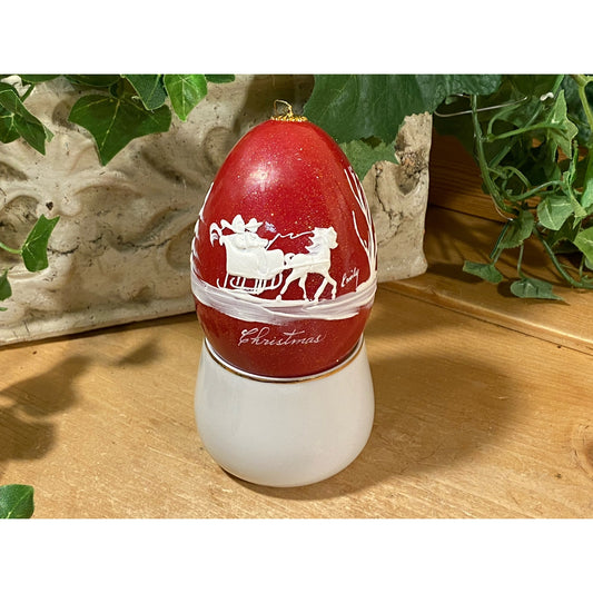 Vintage Handpainted Real Eggshell with Winter Sleigh Ride Scene | Eggsquisite Egg |Christmas | Folkart | Red Painted Egg (cup not included)