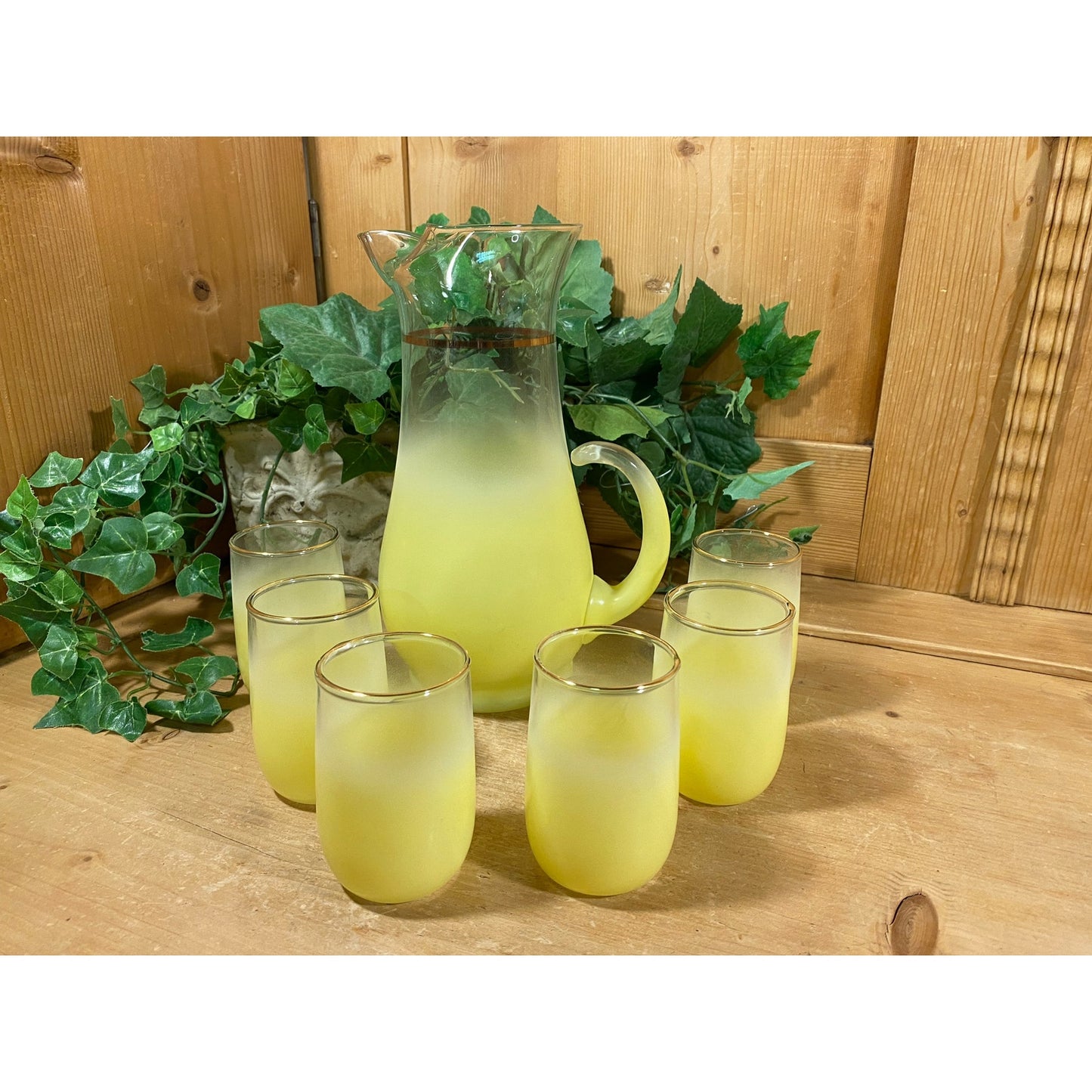 Vintage Blendo Frosted Yellow Glass Pitcher and Tumblers - Set of 7 | Midcentury Modern Drinkware Set | Blendo Pitcher + Glasses