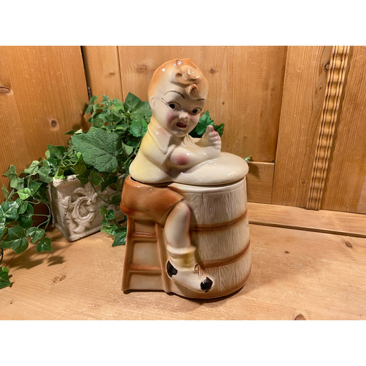 Vintage Ceramic Butter Churning Boy Cookie Jar | American Bisque | Farmhouse Kitchen Decor | Primitives | Boy Churning Butter Cookie Jar