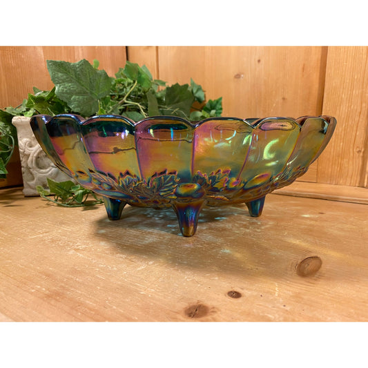 Vintage Harvest Grape Blue Carnival Glass Fruit Bowl | Indiana Glass | Shabby Chic Table Decor | Iridescent Glass Serving Bowl with Grapes