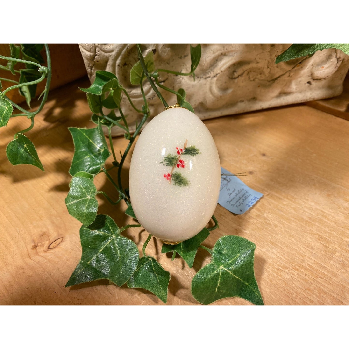 Vintage Handpainted Real Eggshell Ornament | Bluebirds + Holly Berries | Eggsquisite Egg | Blue Christmas Egg | Painted Egg Signed by Artist