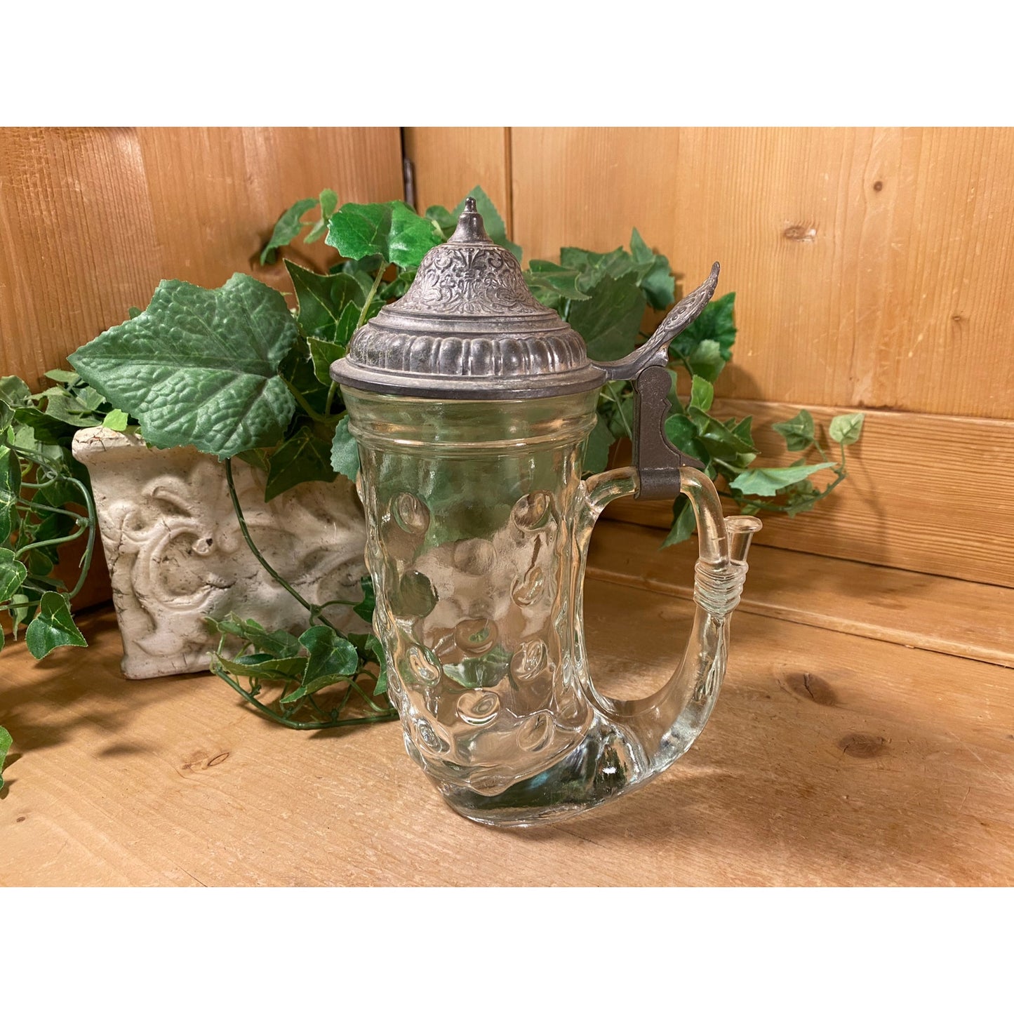 Vintage BMF Glass Coin Dot Horn-Shaped Beer Stein with Hinged Pewter Lid | Bayerische Metallwarenfabrik | 1960s Glass Beer Mug | Academia