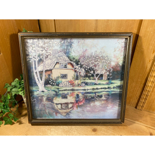 Vintage Framed Landscape Art Print | Cottage On the Water Landscape Art Print In Wooden Frame | Cottagecore Wall Decor | English Countryside
