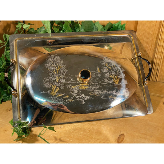 Vintage Lidded Rectangular Metal Serving Tray with 24K Trim | Inox Gedis | Tray Cover Etched with Trees and River | Midcentury Modern Decor