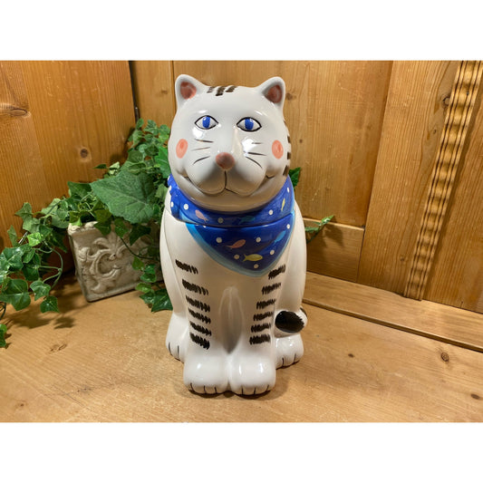 Vintage Ceramic Whimsical Cat Cookie Jar | Coco Dowley | Retro Cat Treat Jar | Farmhouse Kitchen Decor | Ceramic White Cat Treat Canister