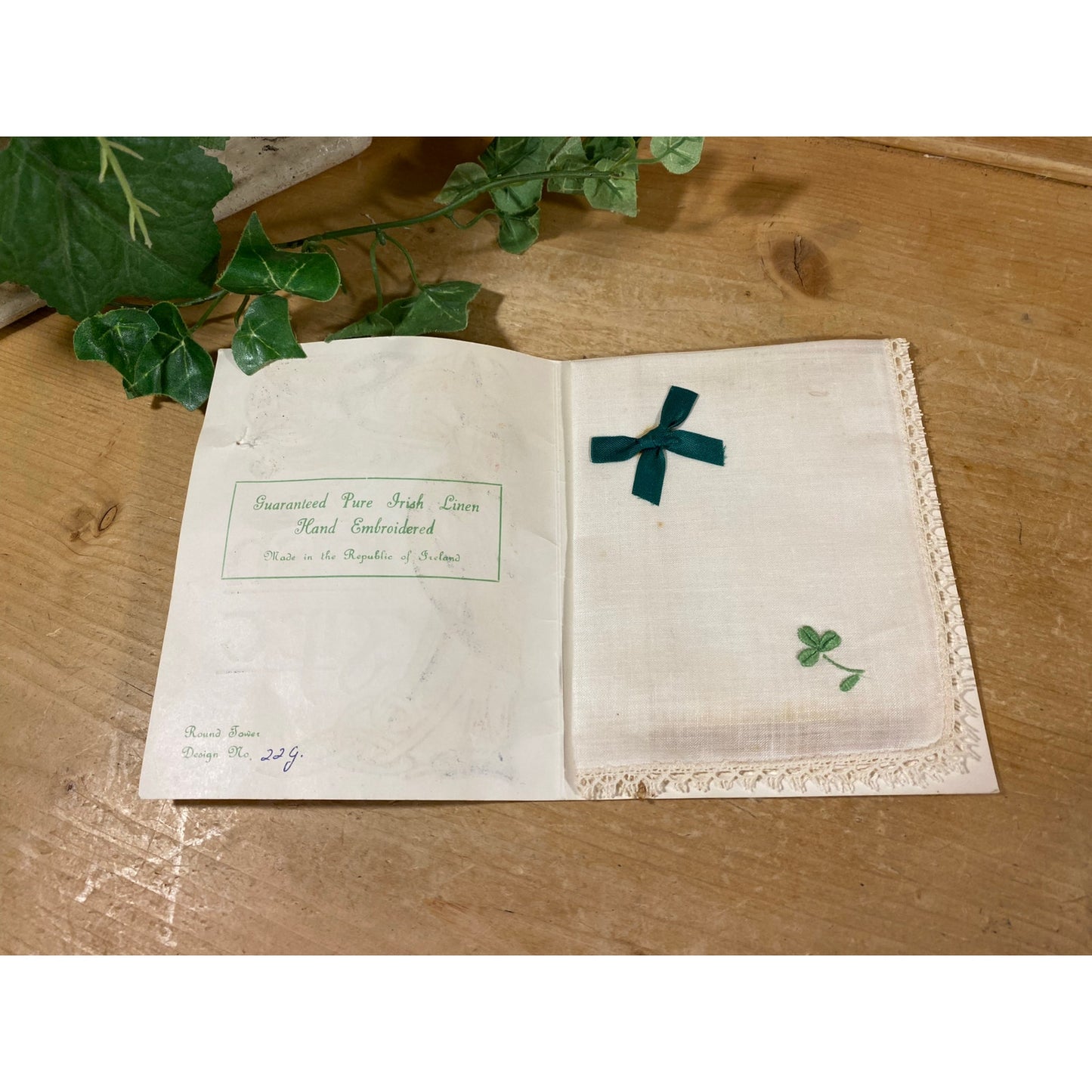 Vintage Ireland Souvenir | Irish Handkerchief | Hand Embroidered Irish Linen Shamrock, Green Ribbon and Tatted Trim | An Irish Gift