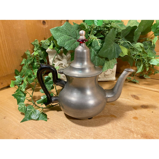 Vintage  Pewter Tuareg Teapot | Rounded Body, Curved Spout, Black Handle, Red Finial on Lid | Metal Berber Teapot | Boho | Academia Decor