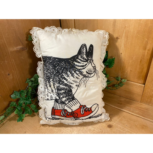 Vintage Kliban Cat Accent Pillow with Eyelet Trim | Black/White Striped Cat with Red Sneakers | Retro Bedroom Decor | 1980s Cat Throw Pillow