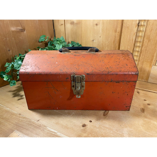 Vintage Red Metal Tool Box with Tray | Rustic Farmhouse Decor | Red Toolbox with Hinged Top | Farmhouse Primitive Decor | Industrial Decor