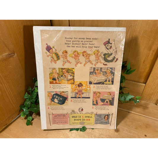 Vintage Framed Swan Soap Ad Print | Vintage Advertising | 1940s | Whimsical Illustrations of Babies, Soap, Swan | Cottagecore Wall Decor