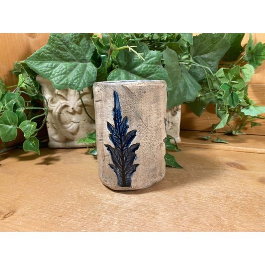 Vintage Handmade Pottery Pencil Cup | Glazed White Ceramic Cup with Blue Leaf and Interior | Forestcore | Boho Desk Decor | Handmade Art