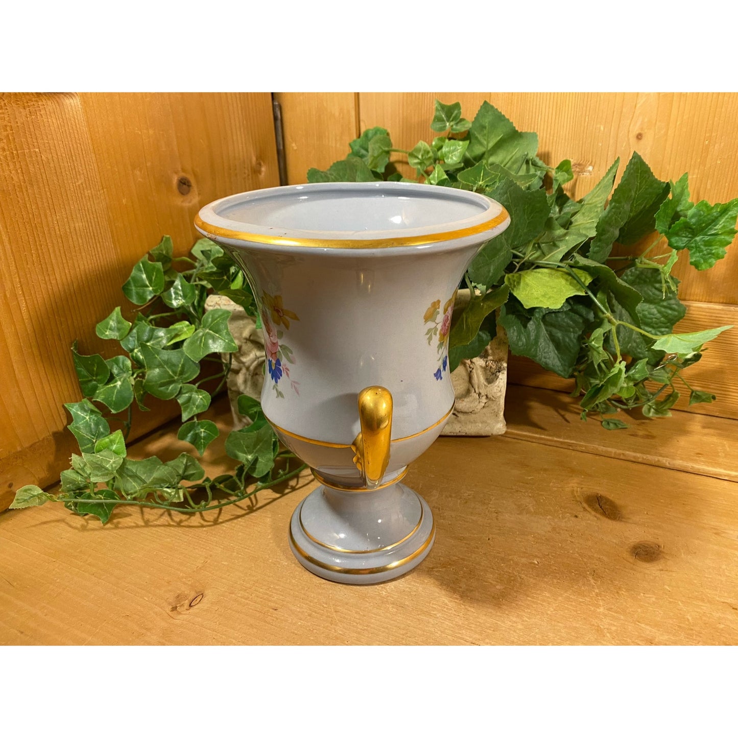 Vintage Light Blue + Pink Floral Urn Vase with Gold Trim | Princeton China Pottery | Victorian Flower Vase with Two Handles | Shabby Chic