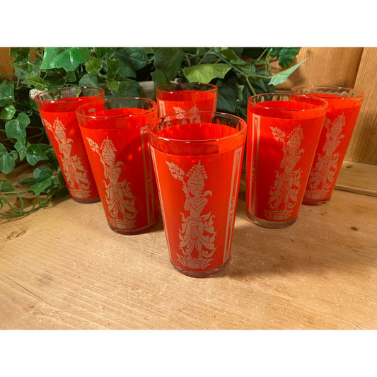 Vintage Red Thai Princess Glasses - Set of 6 | Culver | Midcentury Modern Drinking Glasses (C) | Thai Goddess | Academia | Goddess Glasses