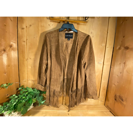 Vintage Western-Inspired Tan Blazer Jacket with Fringe Trim | Women's 1X | Forever 21 | Whip Stitching and Fringe Trim | Tan Fringed Jacket