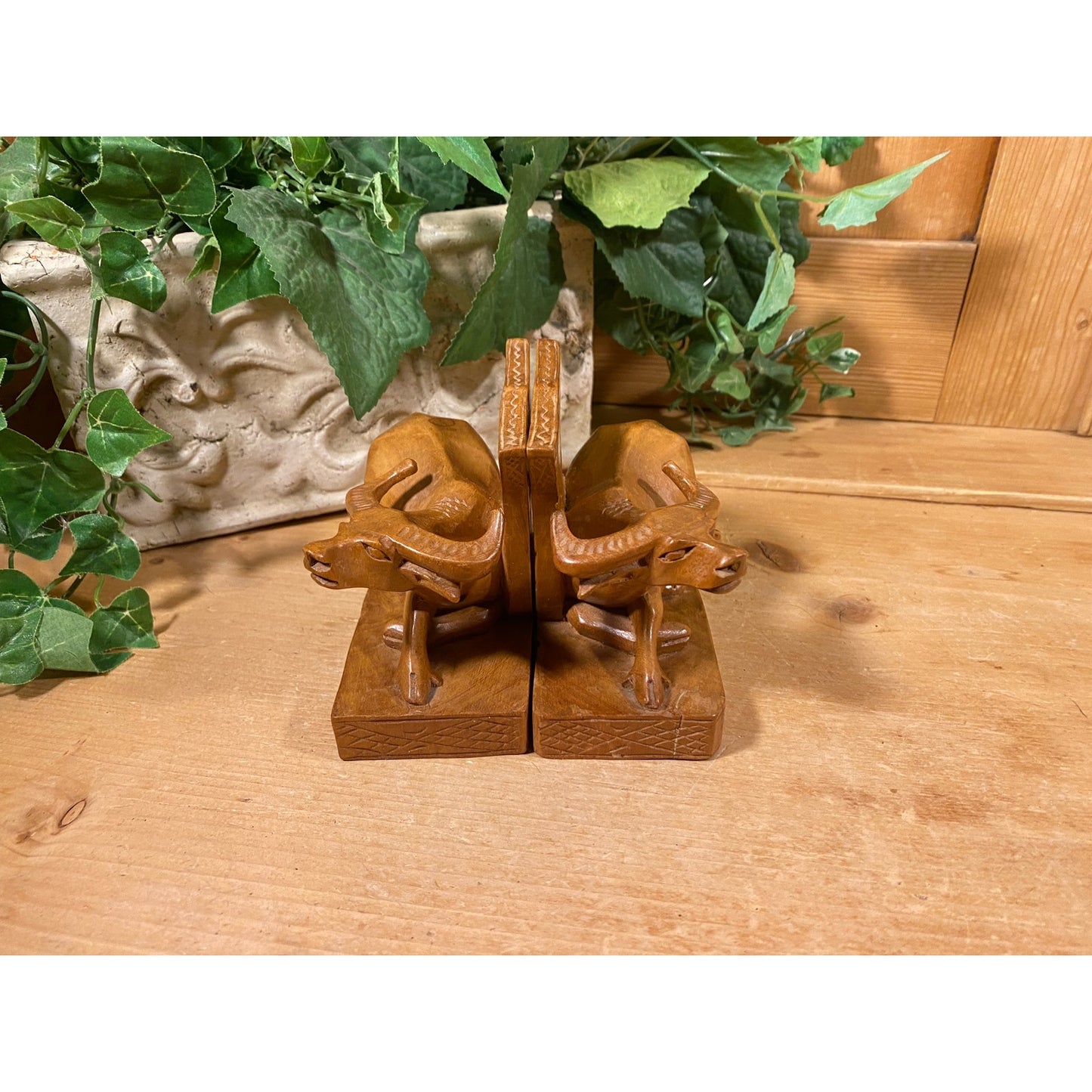 Vintage Carved Wooden Water Buffalo Bookends | Carved Wood Cow Bookends | Bohemian Bookshelf Decor |  Boho Shelf Decor | Cattle Bookends