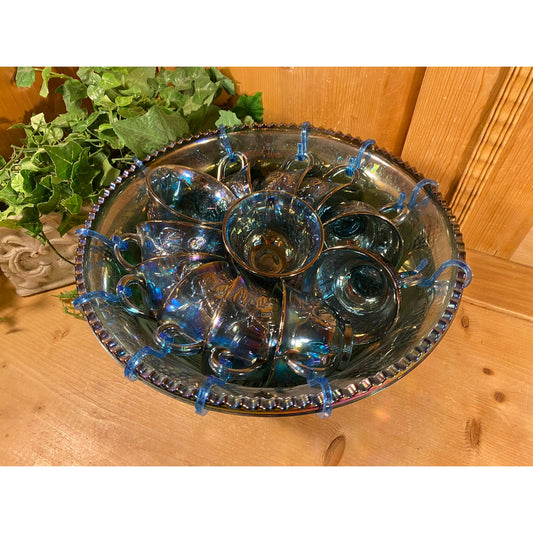 Vintage Harvest Grape Blue Carnival Glass Punch Bowl with Glasses - 13 pc. Set  | Indiana Glass | Shabby Chic Table Decor | Iridescent Glass