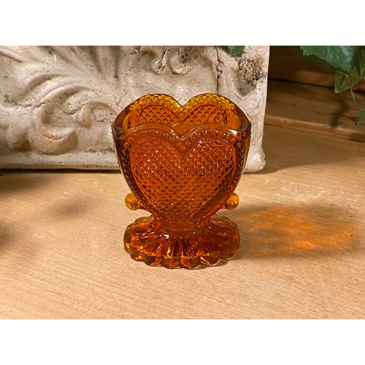 Vintage Amber Glass Heart Toothpick Holder | Degenhart | Cottagecore Shelf Decor | Beaded Glass Heart Toothpick Holder | Amber Art Glass