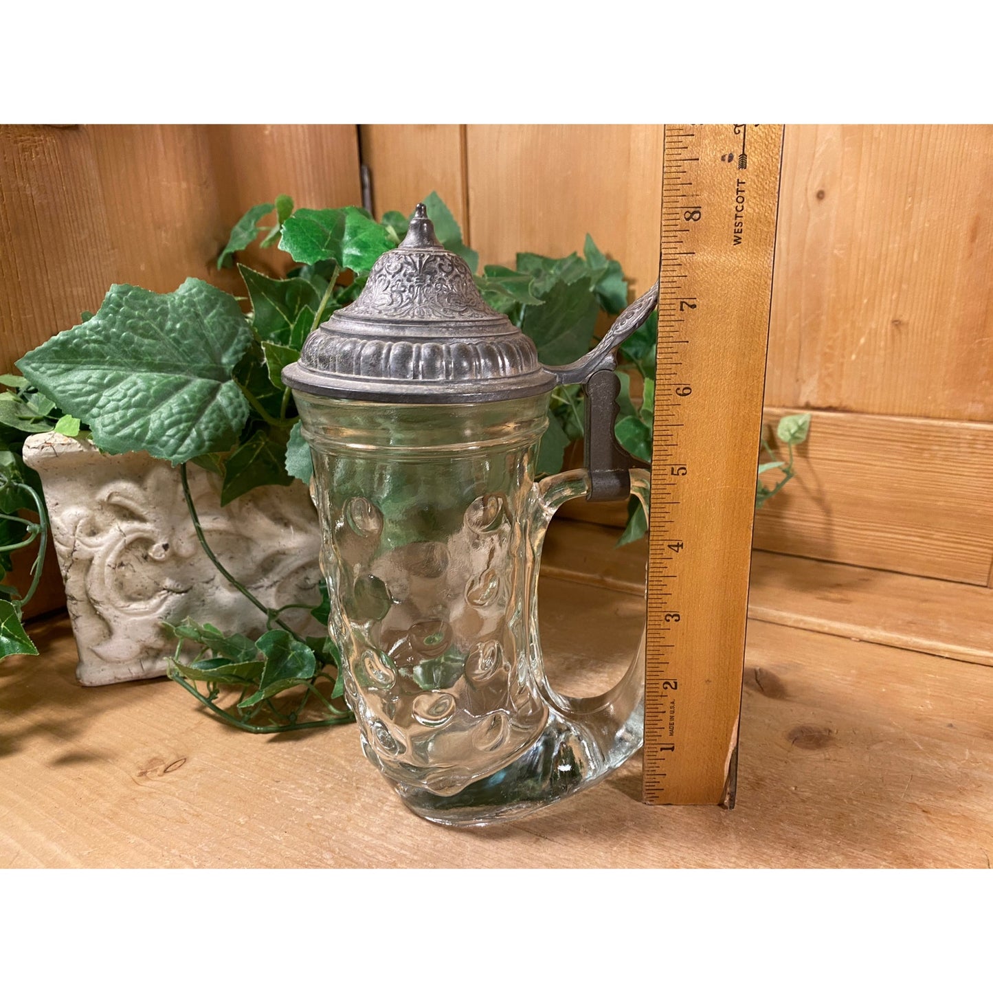 Vintage BMF Glass Coin Dot Horn-Shaped Beer Stein with Hinged Pewter Lid | Bayerische Metallwarenfabrik | 1960s Glass Beer Mug | Academia