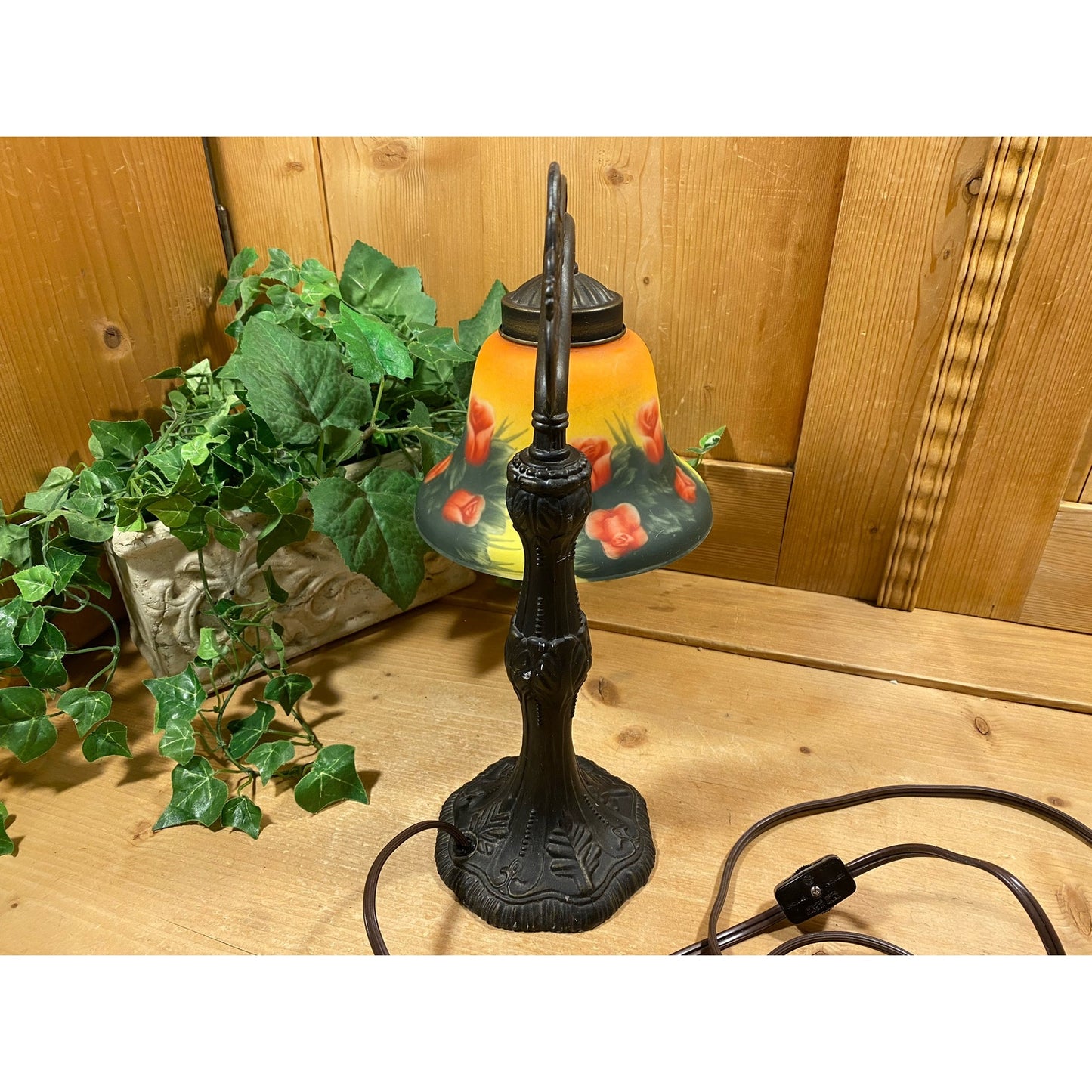 Vintage Handpainted Art Glass Table Lamp | Bridge Arm Victorian Accent Lamp | Art Glass Shade with Painted Roses | Ornate Metal Base