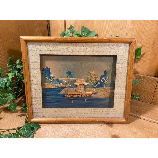 Vintage 3D Carved Cork Village Diorama | Asian | Framed + Matted Chinese Landscape | Handcrafted Wall Art | Vintage Chinatown Landscape Art