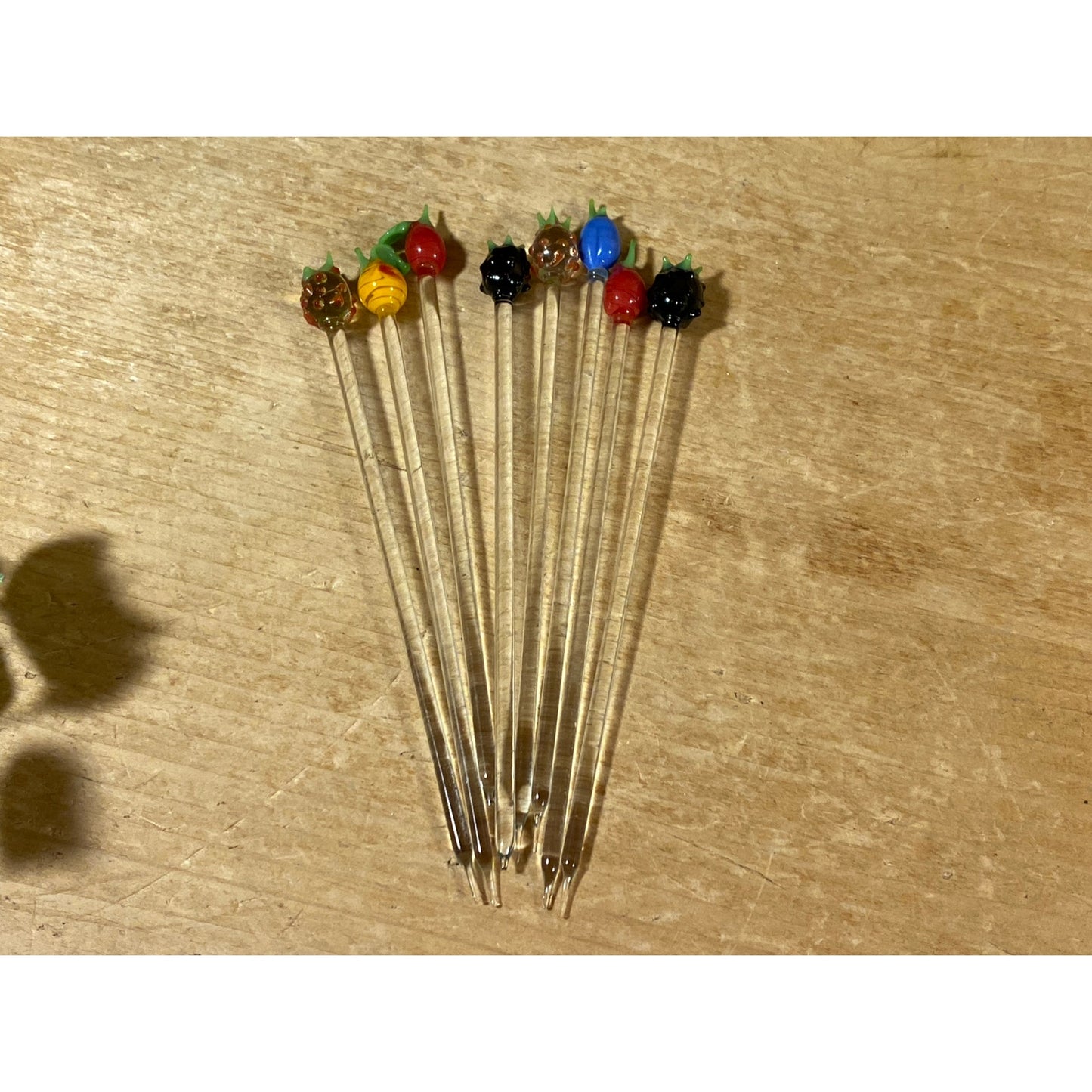 Vintage Art Glass Fruit Swizzle Sticks - Set of 8 | Art Glass Cocktail Stir Sticks | Midcentury Modern Drink Stir Sticks | Retro Barware