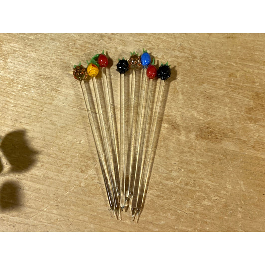 Vintage Art Glass Fruit Swizzle Sticks - Set of 8 | Art Glass Cocktail Stir Sticks | Midcentury Modern Drink Stir Sticks | Retro Barware