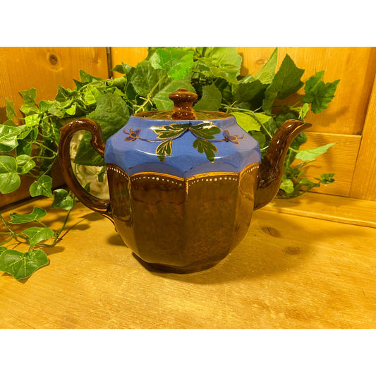 Vintage Handpainted Floral Pottery Teapot | Blue and Brown, Gold Trim | Boho Kitchen Decor | Cottagecore Table Decor | Glazed Ceramic Teapot