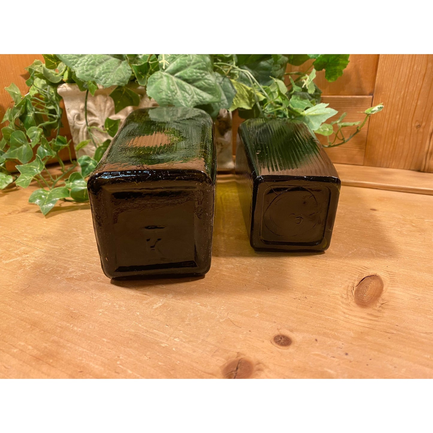 Antique Green Glass Bottles - Set of 2 | Olive Green Liquor Bottles | Primitive Shelf Decor | Rustic Farmhouse Kitchen | Vintage Bottles