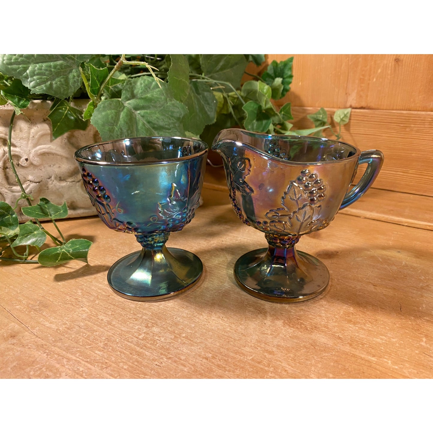 Vintage Harvest Grape Blue Carnival Glass Cream + Sugar Set | Indiana Glass | Shabby Chic | Iridescent Glass Cream Pitcher and Sugar Bowl