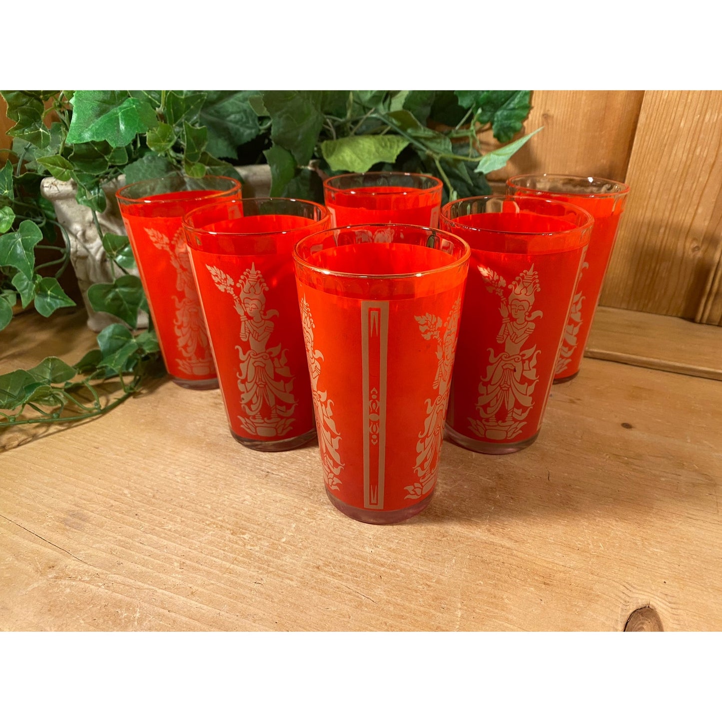 Vintage Red Thai Princess Glasses - Set of 6 | Culver | Midcentury Modern Drinking Glasses (D) | Thai Goddess | Academia | Goddess Glasses