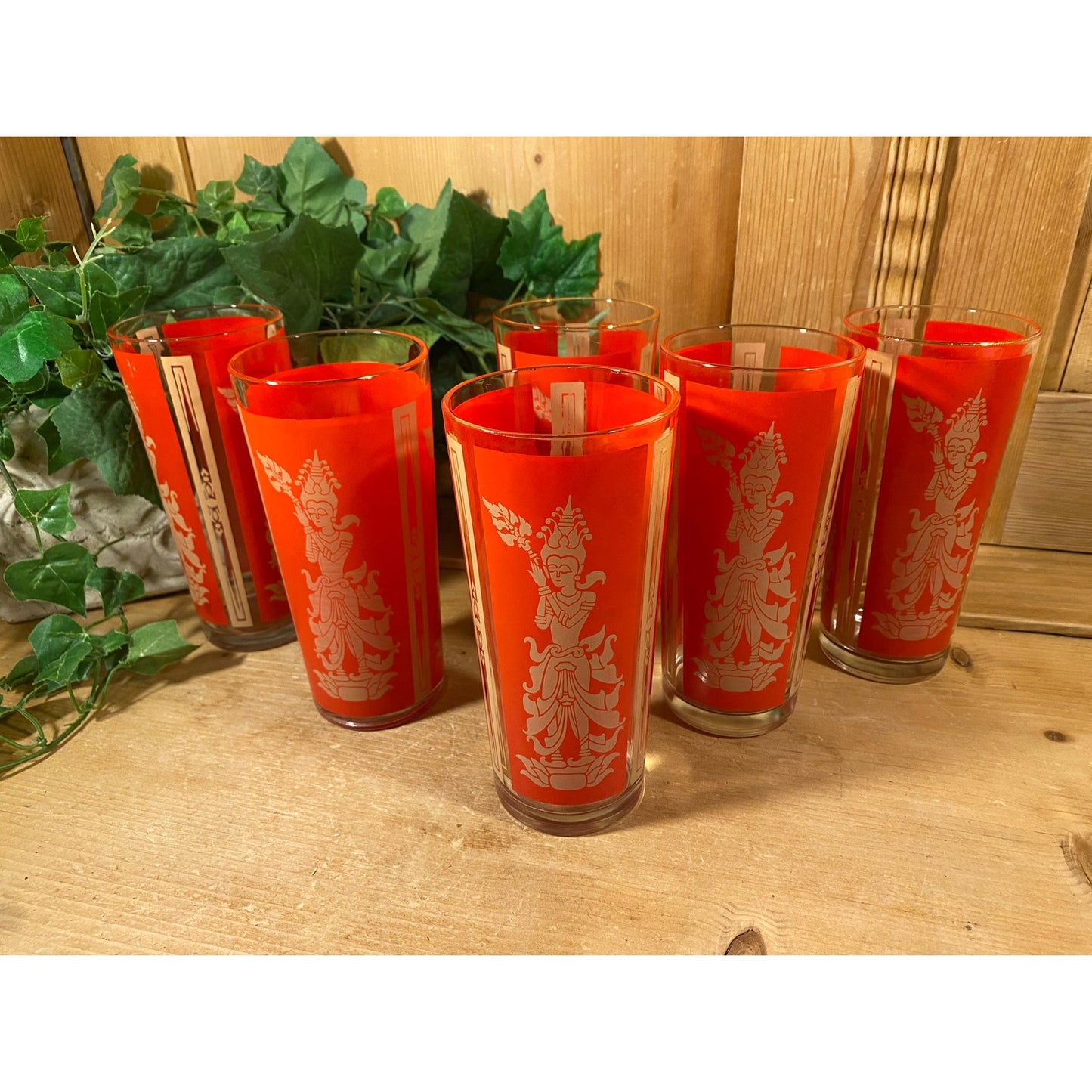 Vintage Red Thai Princess Glasses - Set of 6 | Culver | Midcentury Modern Drinking Glasses (B) | Thai Goddess | Academia | Goddess Glasses