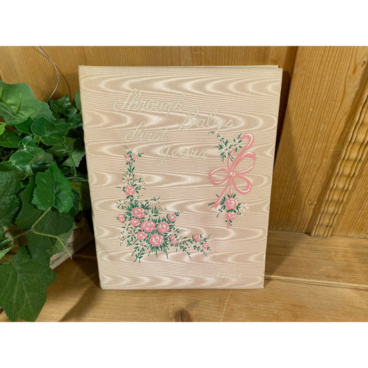 Vintage Baby Book (Already Filled - Ephemera About A Baby Born in 1954) | Through Baby's First Years | White and Pink | Moire Fabric Album